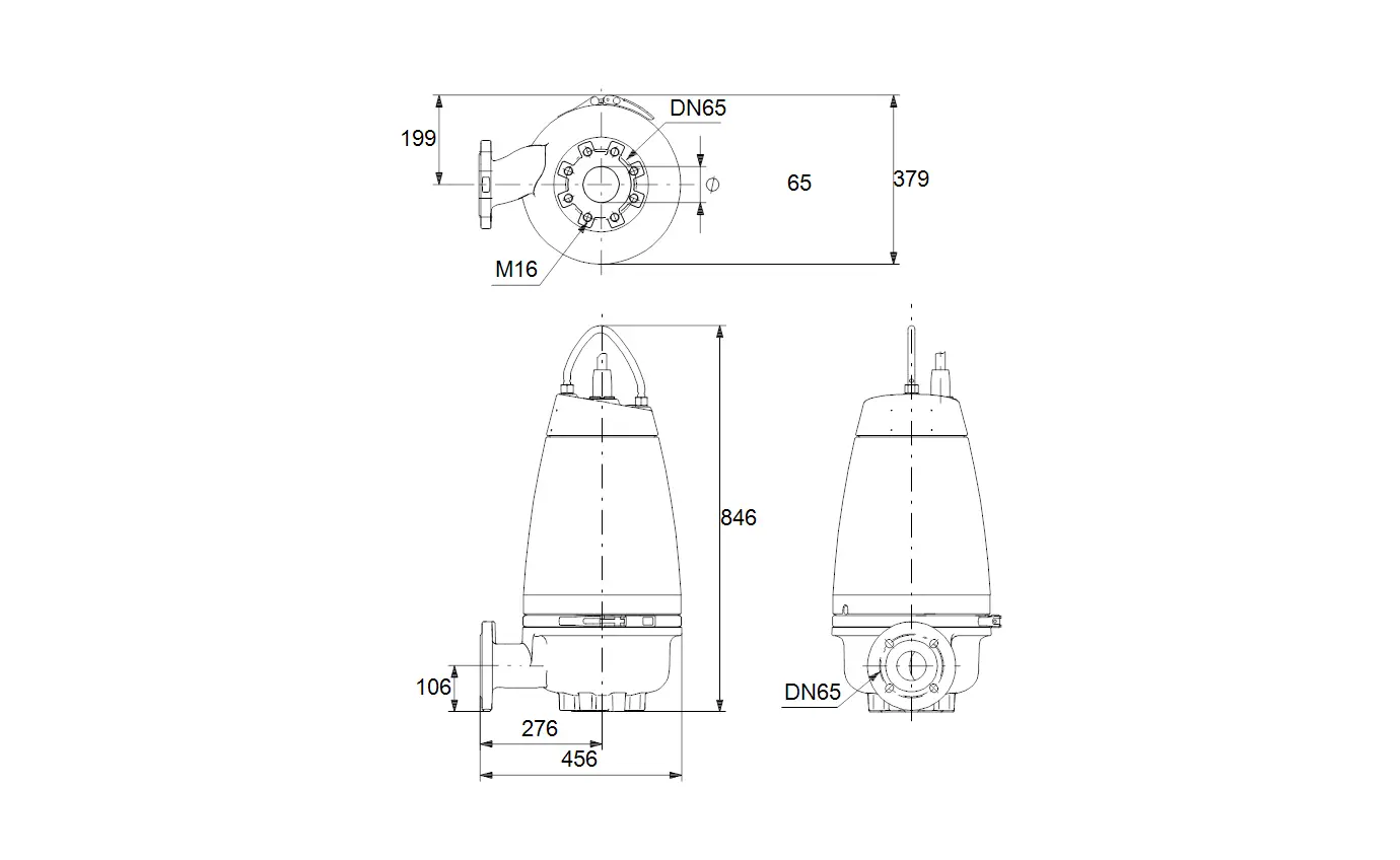 Tauchmotorpumpe von Grundfos mit SuperVortex-Laufrad, abgebildet in verschiedenen Ansichten. Technische Details sind schematisch dargestellt.